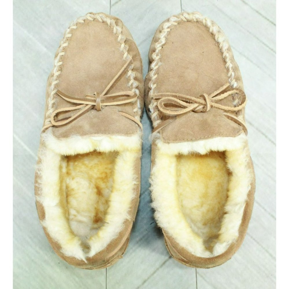 LL Bean Brown Suede Wicked Good Shearling Lined Moccasin Slippers Size 7 - Picture 7 of 8